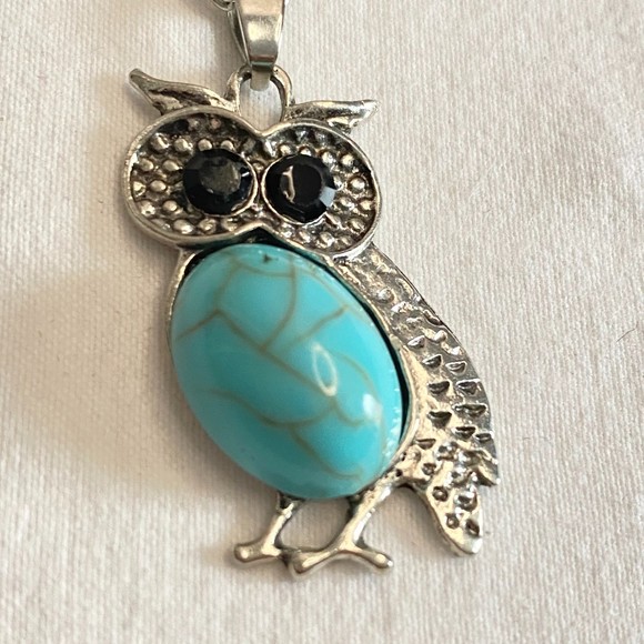 Owl Pendant Necklace Faux Turquoise Belly Silver Tone Black Stone Eyes - Picture 4 of 8